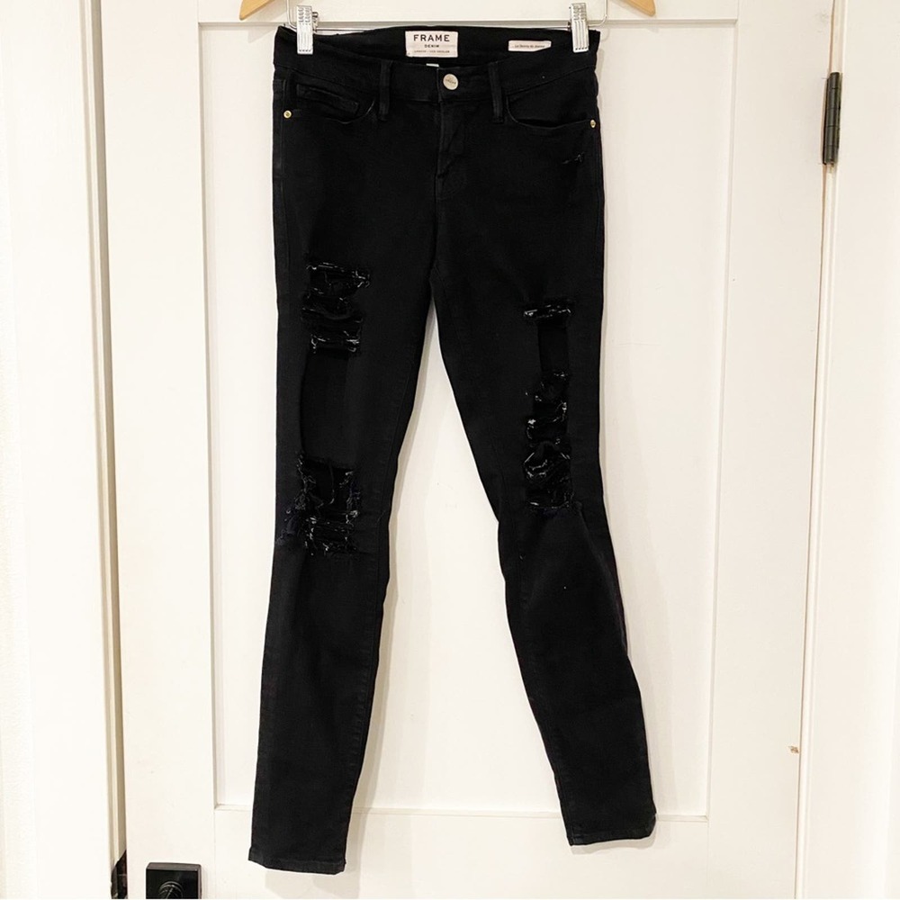 FRAME Le Skinny De Jeann Black Stretchy Distressed Jeans sz 25